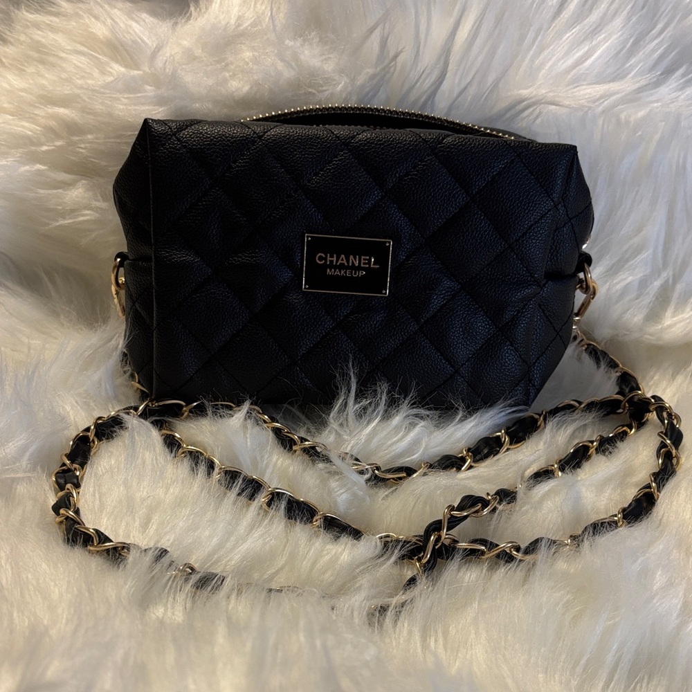 CC Black Quilted Makeup Bag with Chain